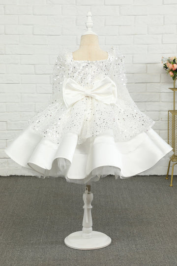 Vestido de menina flor de lantejoulas de marfim com arco